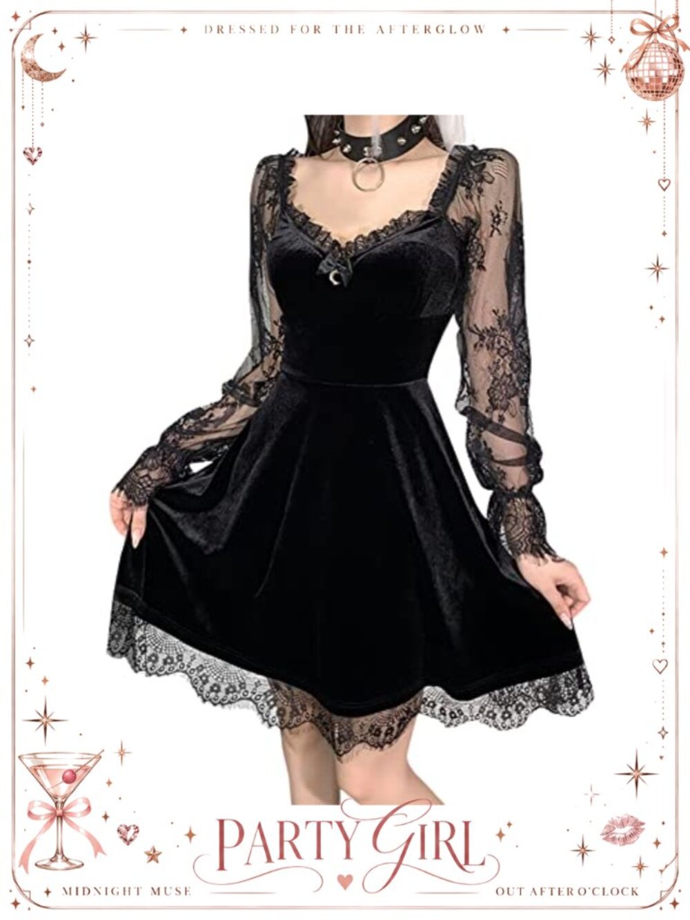 Gothic Lolita Velvet Cocktail Dress Lace Mesh Long Sleeve Backless
